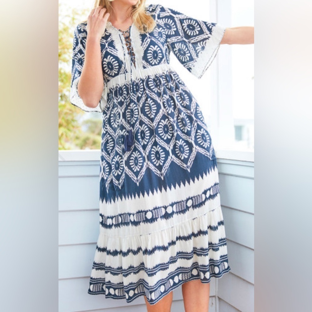 RUBY YAYA BLUE WHITE BATIK BOHO PRINT MAXI DRESS WITH RHINESTONES WOMENS SMALL